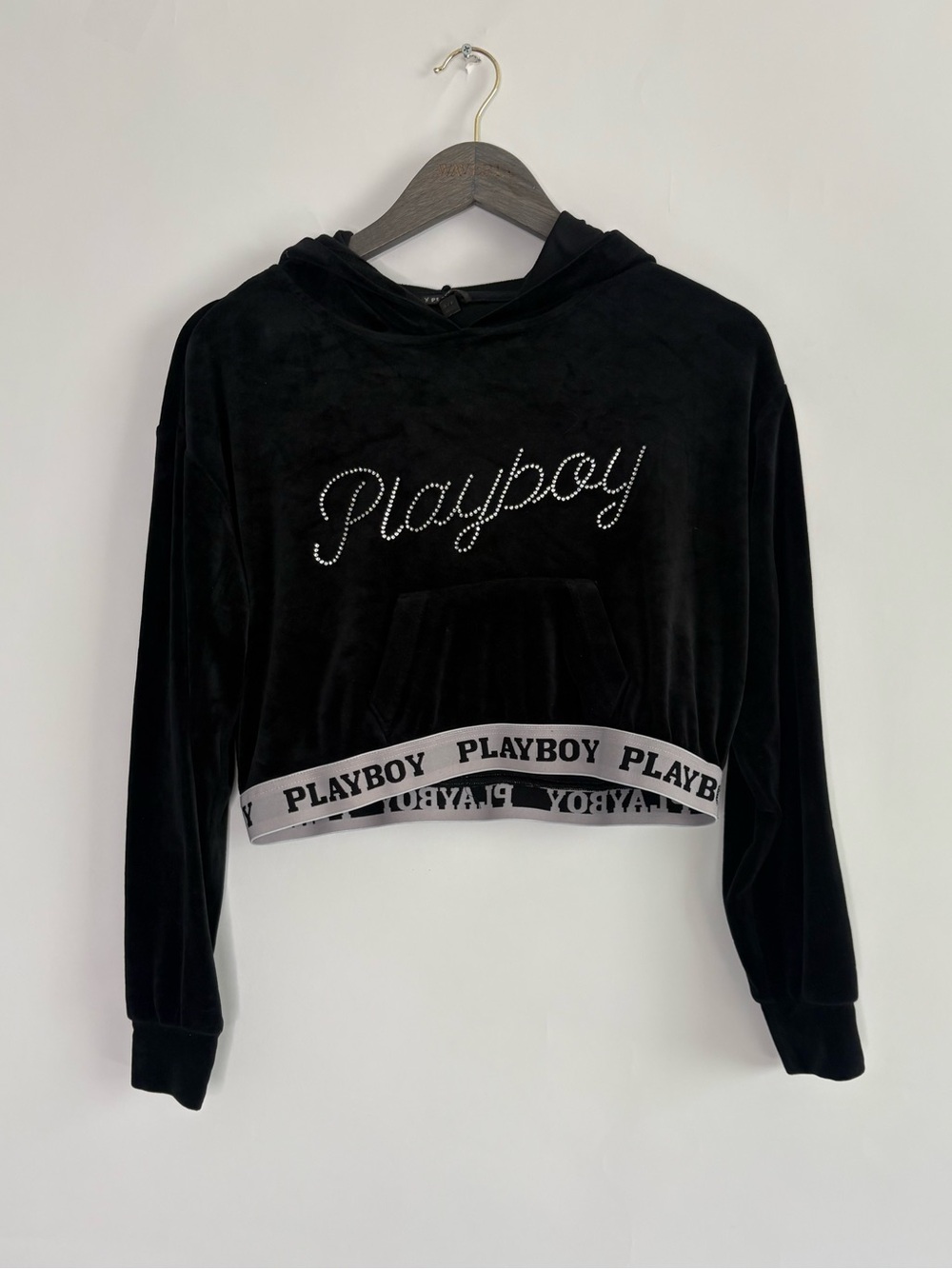 Playboy Black Velour Cropped Hoodie Rhinestone Logo Y2K Spell Out Hood
